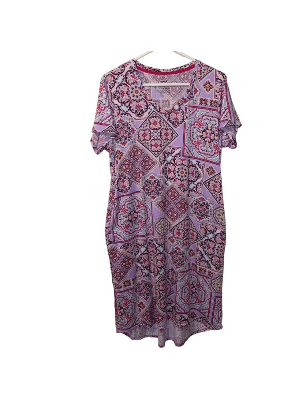 Womens V-Neck Short Sleeve Printed Shift Dress L 12-14 Pink/Multicolor